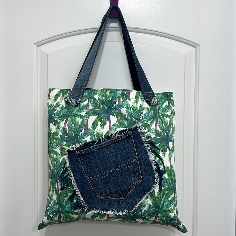 Handmade Green and Blue Tropical Tote Bag with Recycled Denim Accents